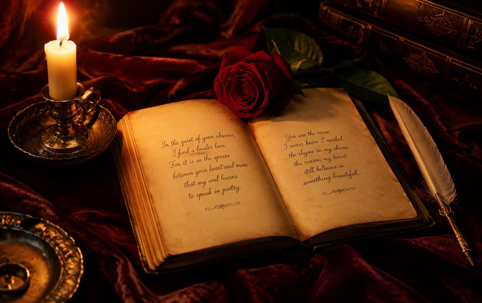 Open poetry book with a red rose by candlelight